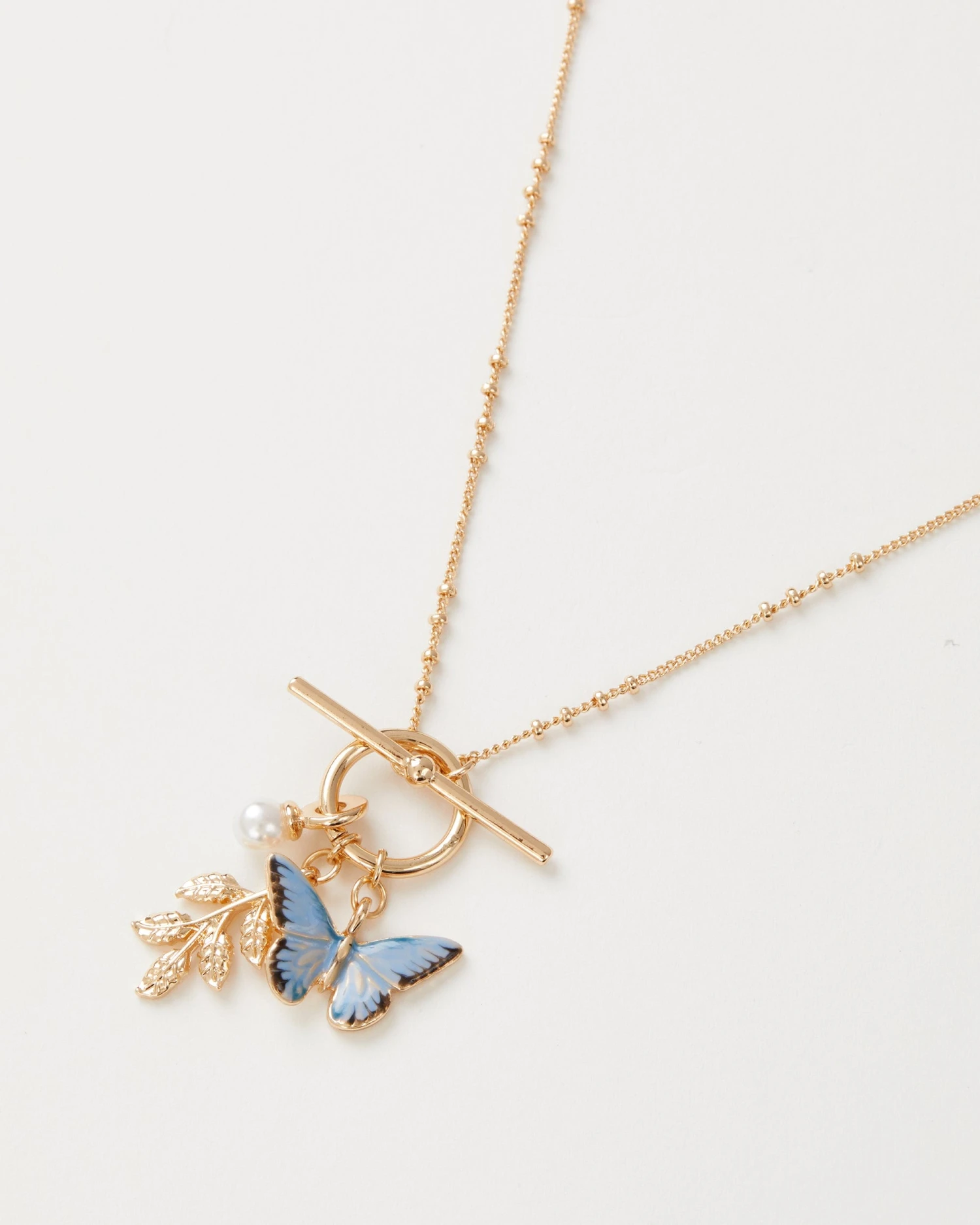 Enamel Blue Butterfly & Leaf Charm Necklace 1 Enamel Blue Butterfly & Leaf Charm Necklace