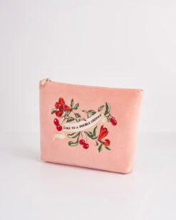 Midsummer Dream Cherry Embroidered Peach Velvet Pouch -Jewellery Store midsummer dream cherry embroidered peach velvet pouch by fable england 41229025640692